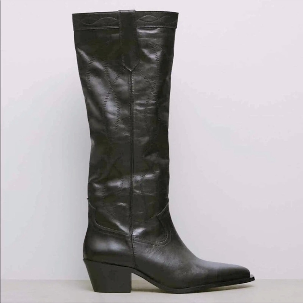 NEW! Zara Leather cowboy boots in black - Picture 5 of 6